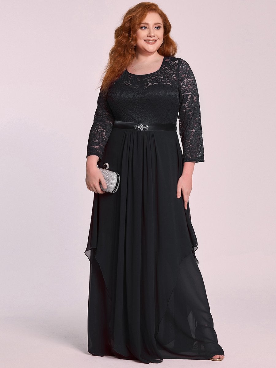 Color=Black | Classic Floal Lace Long Sleeve Wholesale Bridesmaid Dress-Black 1