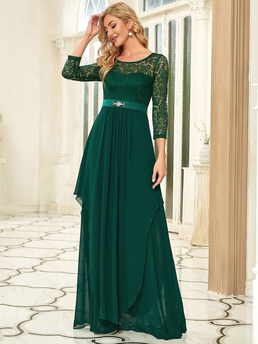Color=Dark Green | Classic Floal Lace Long Sleeve Wholesale Bridesmaid Dress-Dark Green 4