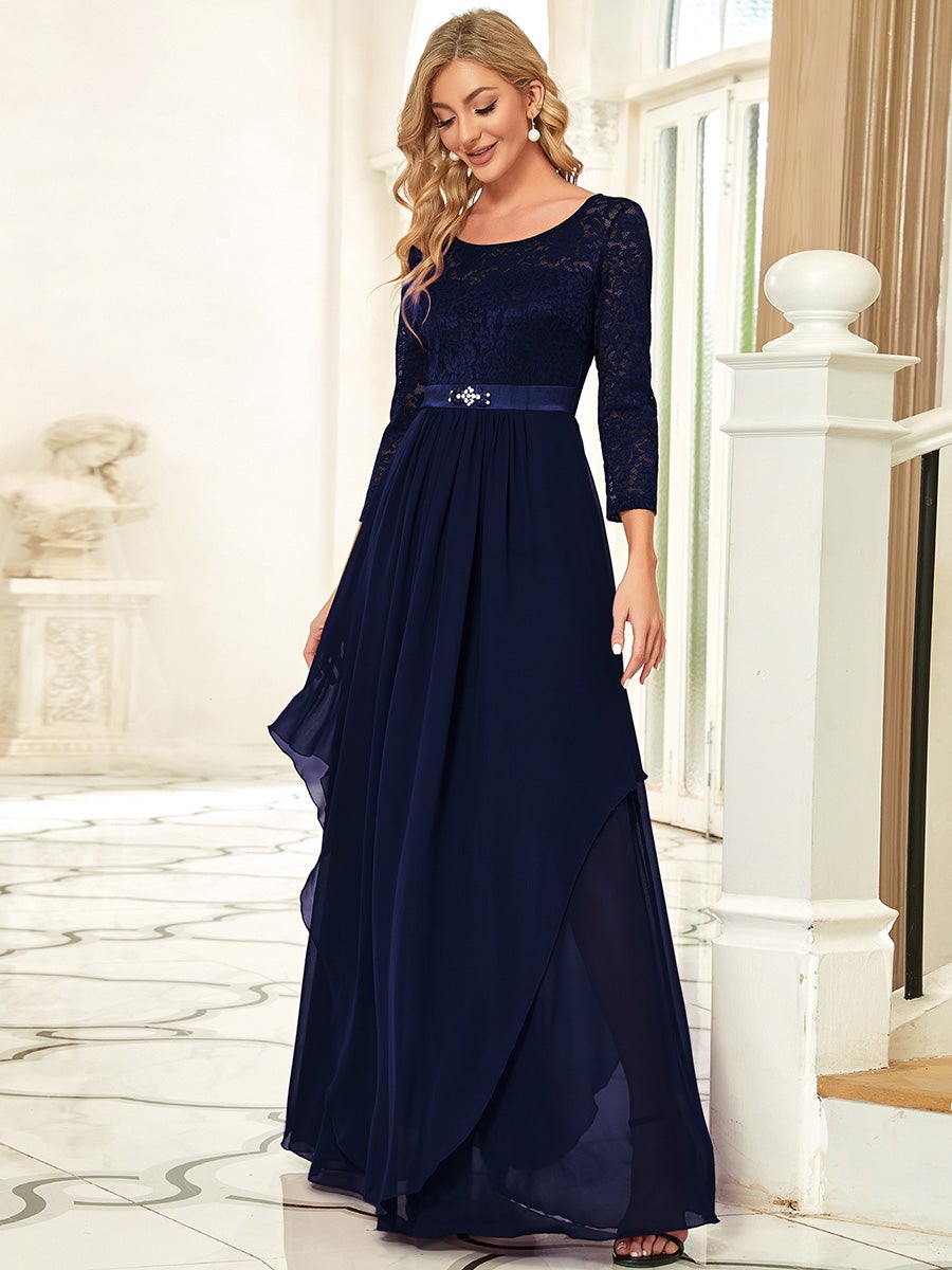 Color=Navy blue | Classic Floal Lace Long Sleeve Wholesale Bridesmaid Dress-Navy Blue 3