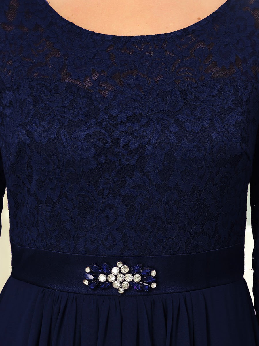 Color=Navy blue | Classic Floal Lace Long Sleeve Wholesale Bridesmaid Dress-Navy Blue 5