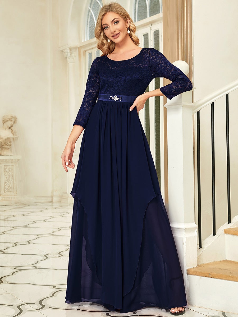 Color=Navy blue | Classic Floal Lace Long Sleeve Wholesale Bridesmaid Dress-Navy Blue 1