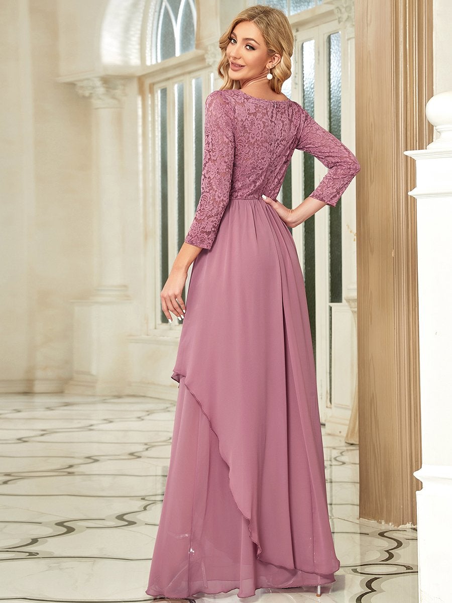 Color=Orchid | Classic Floal Lace Long Sleeve Wholesale Bridesmaid Dress-Orchid 2