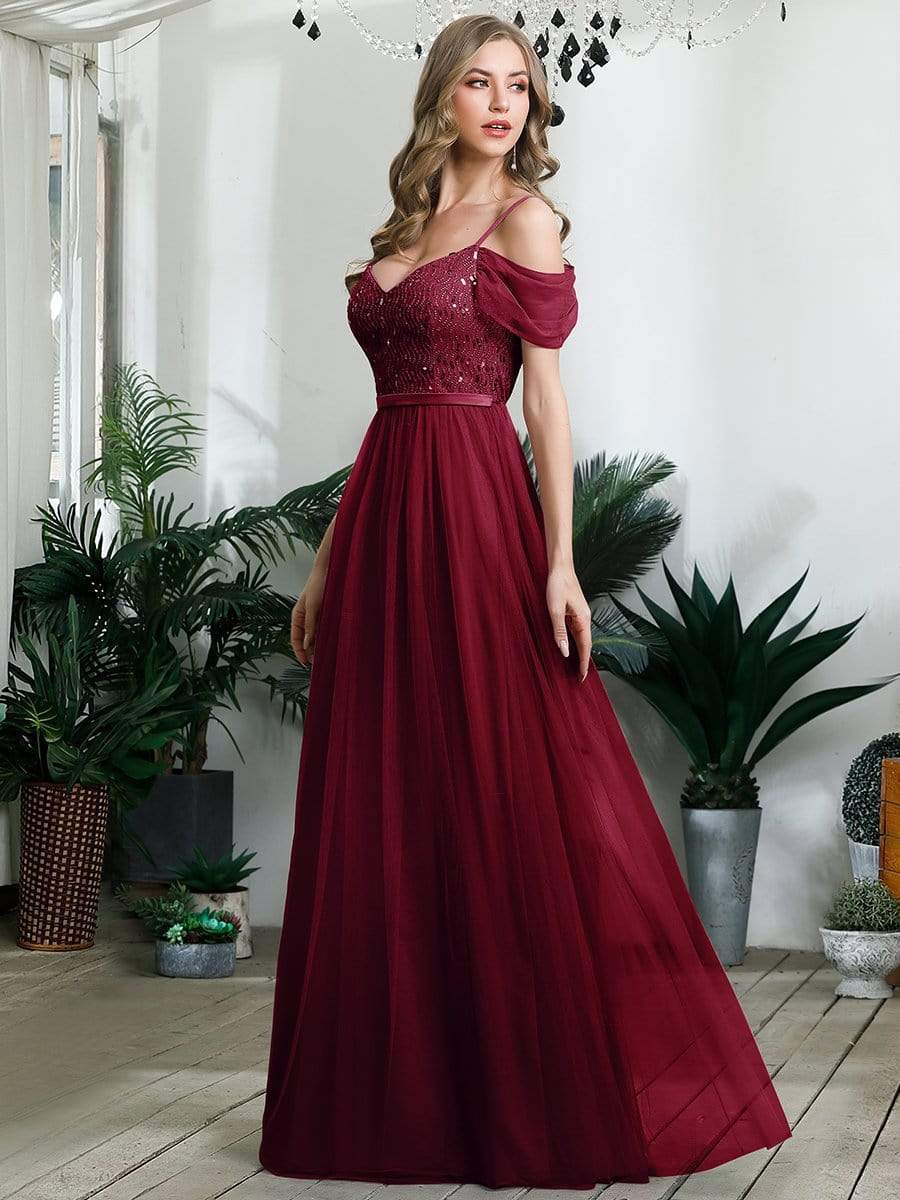Color=Burgundy | A-Line Sweetheart Neckline Ruffle Sleeve Tulle Bridesmaid Dress With Sequin-Burgundy 4