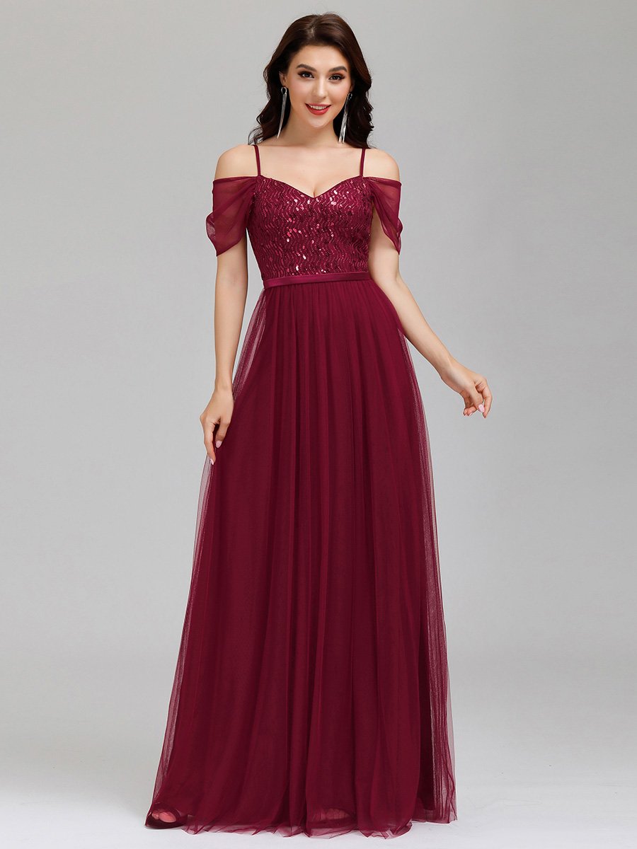 Color=Burgundy | A-Line Sweetheart Neckline Ruffle Sleeve Tulle Bridesmaid Dress With Sequin-Burgundy 8
