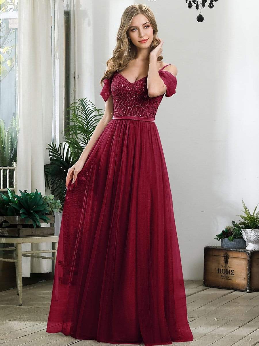 Color=Burgundy | A-Line Sweetheart Neckline Ruffle Sleeve Tulle Bridesmaid Dress With Sequin-Burgundy 1