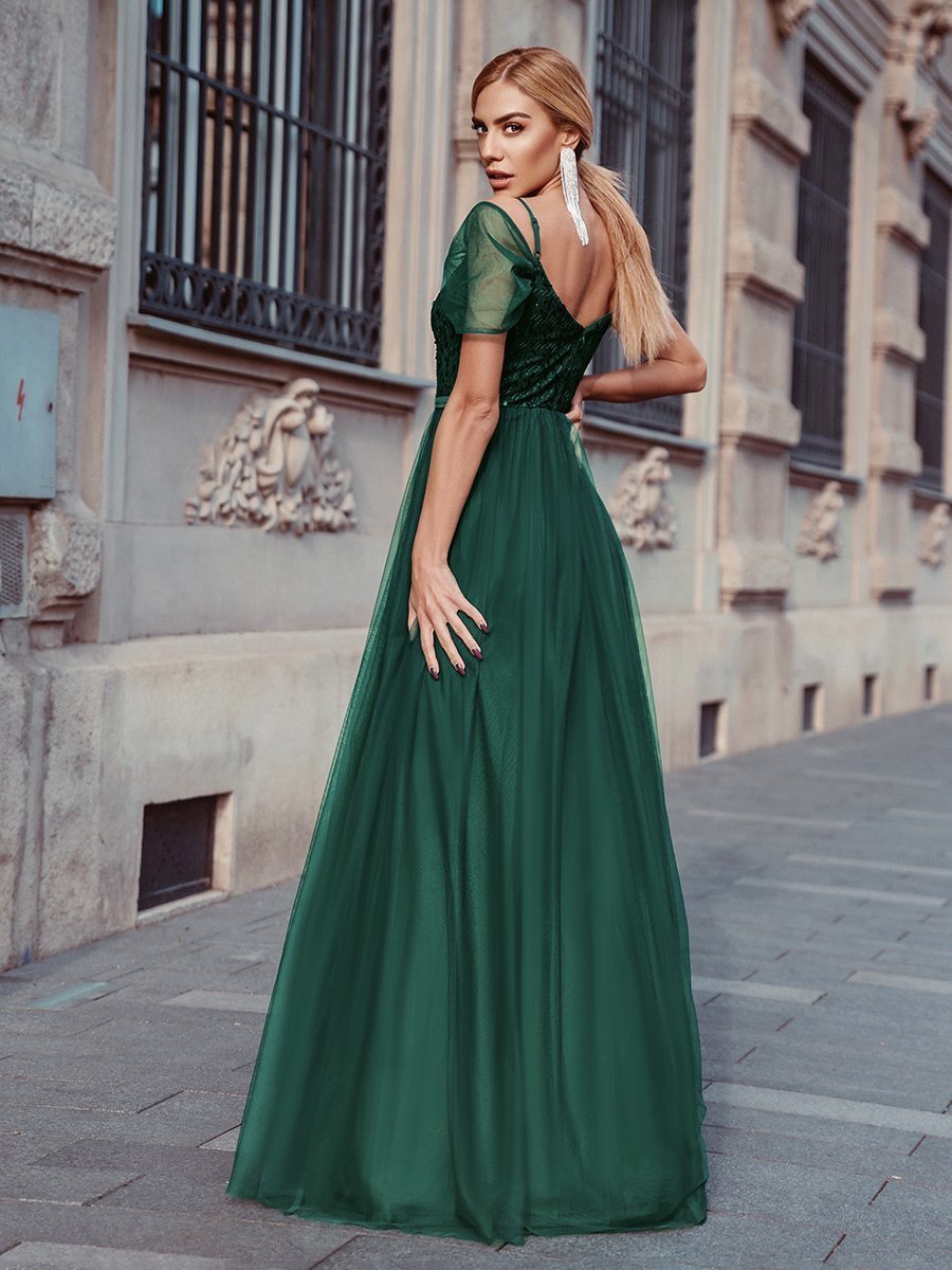 Color=Dark Green | A-Line Sweetheart Neckline Ruffle Sleeve Tulle Bridesmaid Dress With Sequin-Dark Green 2