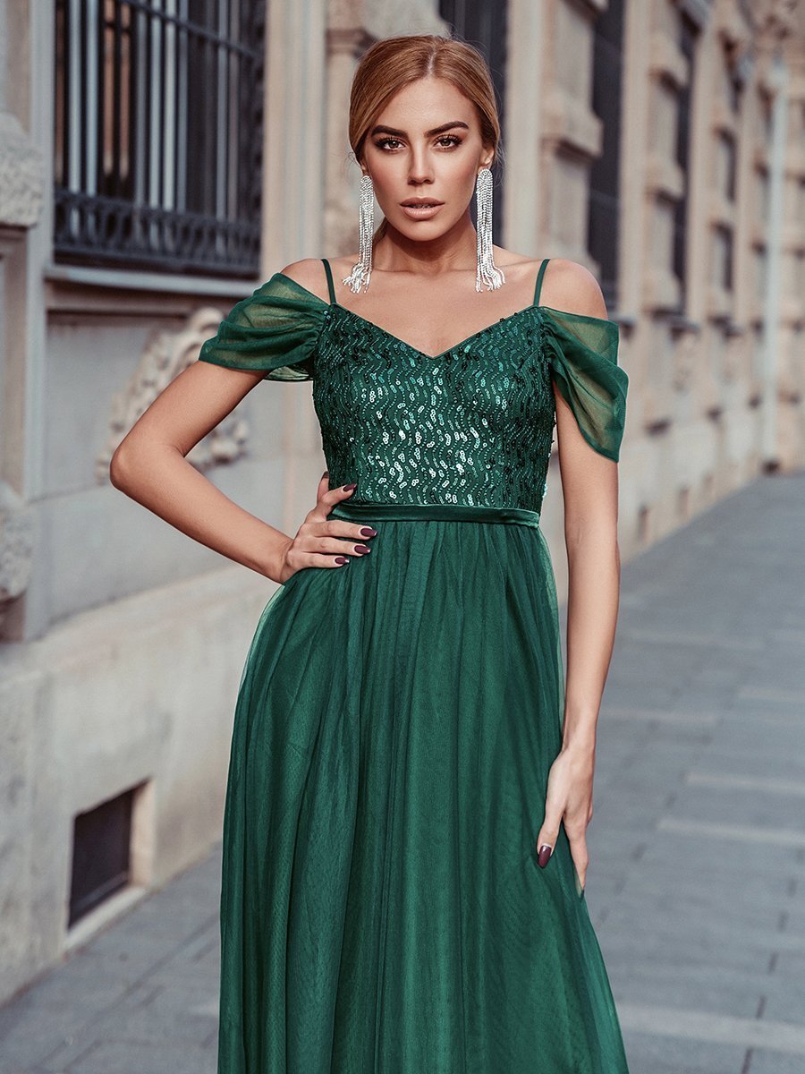 Color=Dark Green | A-Line Sweetheart Neckline Ruffle Sleeve Tulle Bridesmaid Dress With Sequin-Dark Green 3
