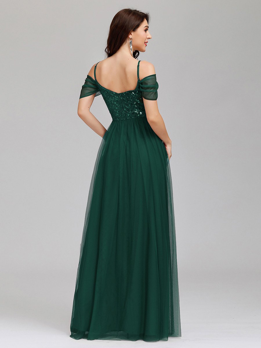 Color=Dark Green | A-Line Sweetheart Neckline Ruffle Sleeve Tulle Bridesmaid Dress With Sequin-Dark Green 10