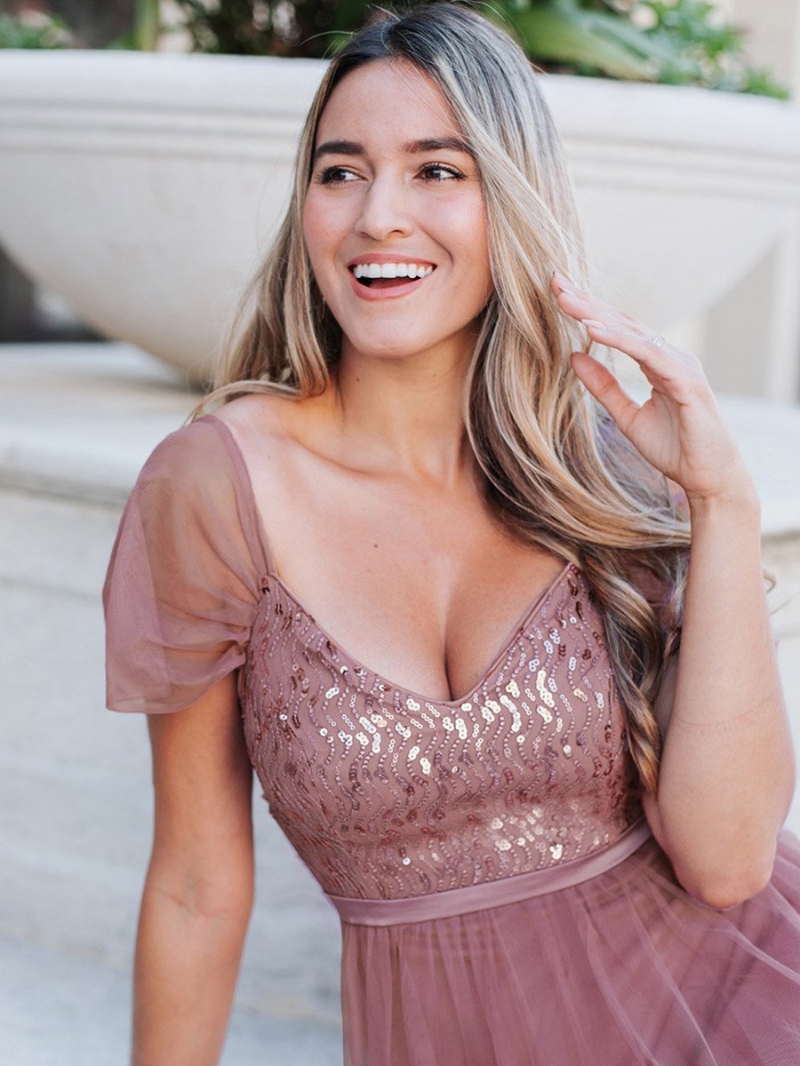 Color=Orchid | A-Line Sweetheart Neckline Ruffle Sleeve Tulle Bridesmaid Dress With Sequin-Purple Orchid 3