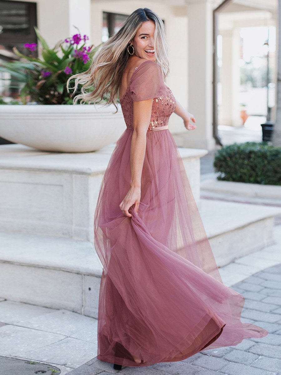 Color=Orchid | A-Line Sweetheart Neckline Ruffle Sleeve Tulle Bridesmaid Dress With Sequin-Purple Orchid 4