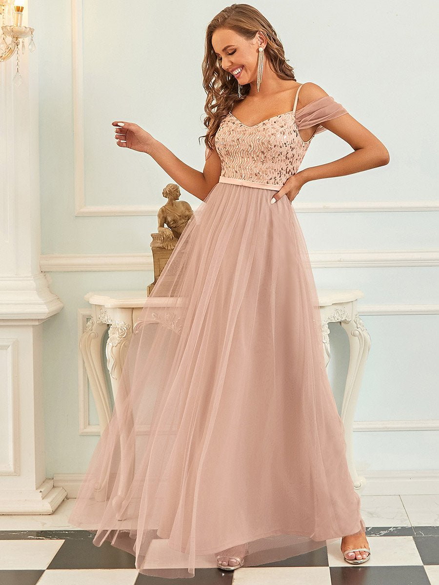 Color=Rose Gold | A-Line Sweetheart Neckline Ruffle Sleeve Tulle Bridesmaid Dress With Sequin-Rose Gold 2