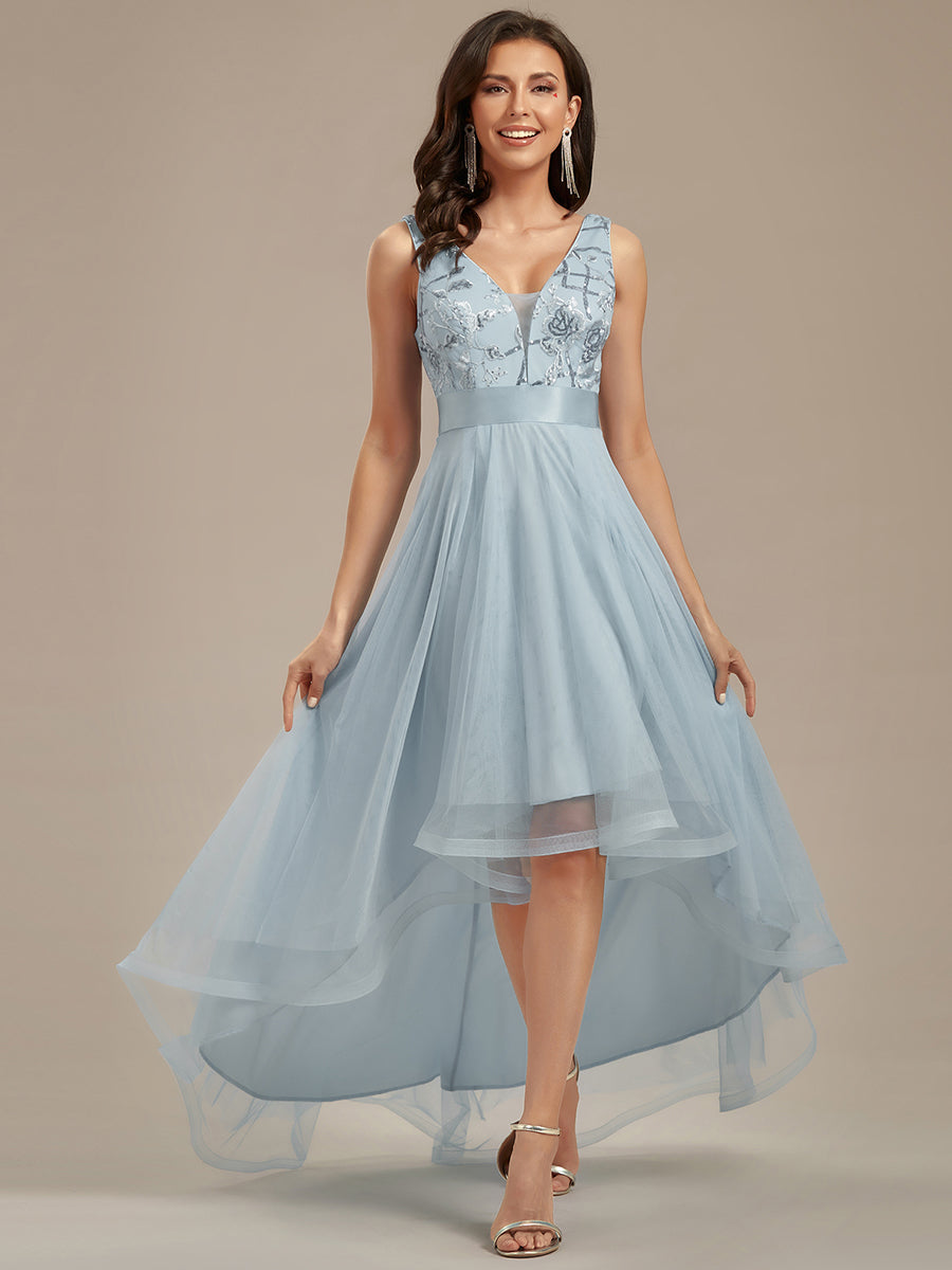 Custom Size High-Low V Neck Tulle Wholesale Prom Dresses with Sequin