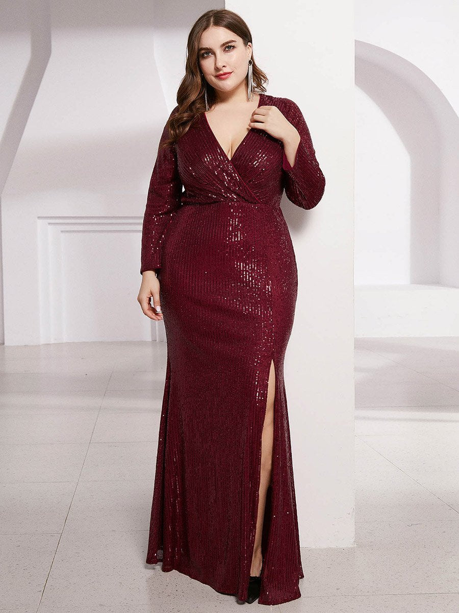 Color=Burgundy | Plus Size Long Sleeve Shiny Prom Dresses With Side Split Ep00824-Burgundy 3
