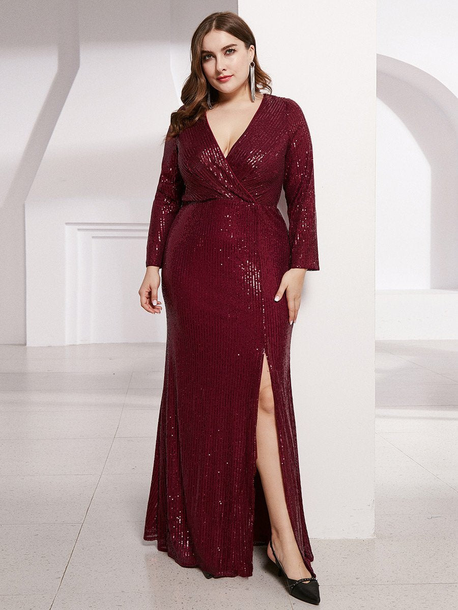 Color=Burgundy | Plus Size Long Sleeve Shiny Prom Dresses With Side Split Ep00824-Burgundy 4