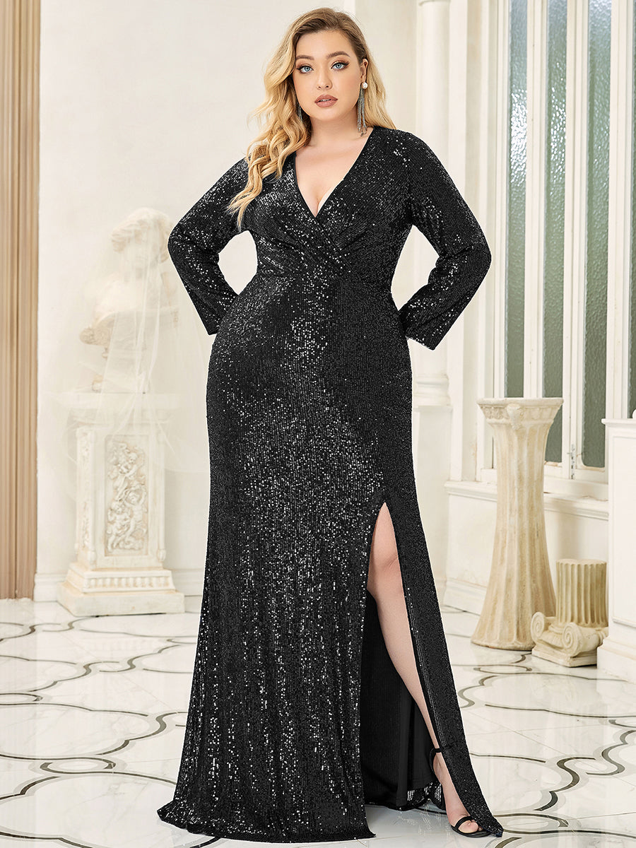 Color=Black | Plus Size Long Sleeve Shiny Prom Dresses With Side Split Ep00824-Black 4