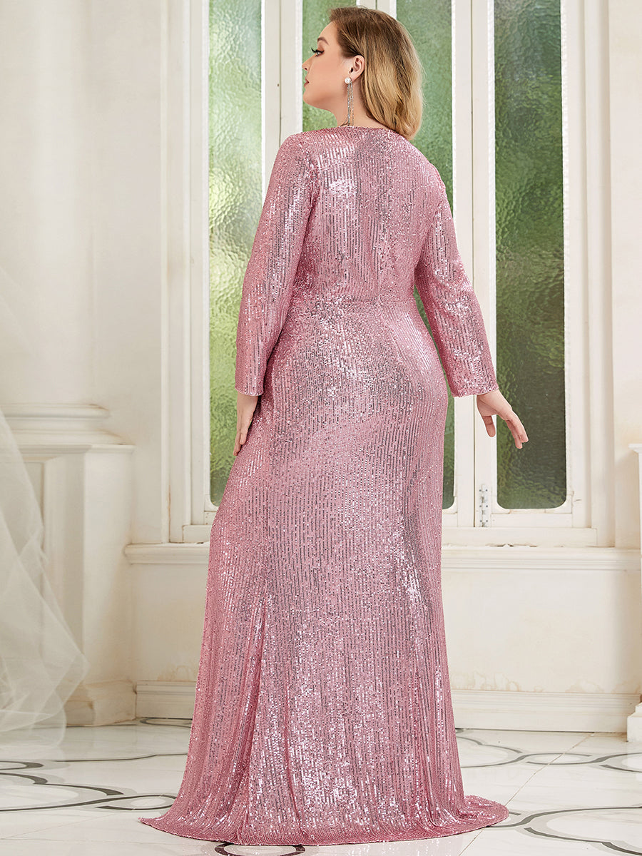 Color=Orchid | Plus Size Long Sleeve Shiny Prom Dresses With Side Split Ep00824-Orchid 2