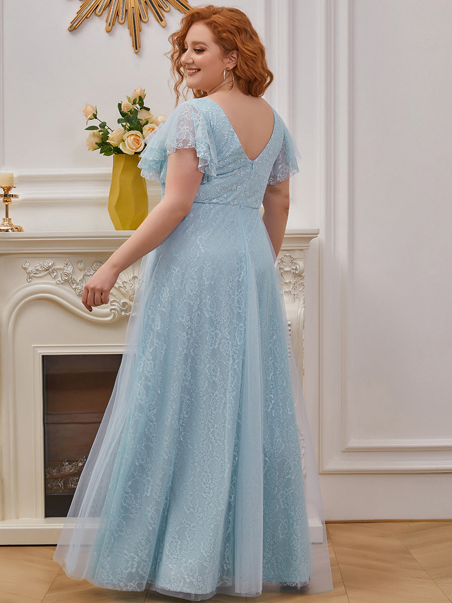 Color=Sky Blue | Plus Size Double V Neck Lace Evening Dresses with Ruffle Sleeves-Sky Blue 2