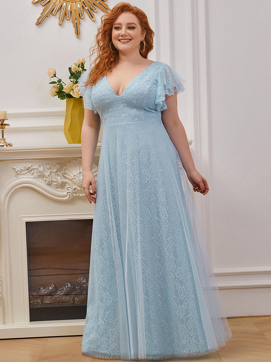 Color=Sky Blue | Plus Size Double V Neck Lace Evening Dresses with Ruffle Sleeves-Sky Blue 4
