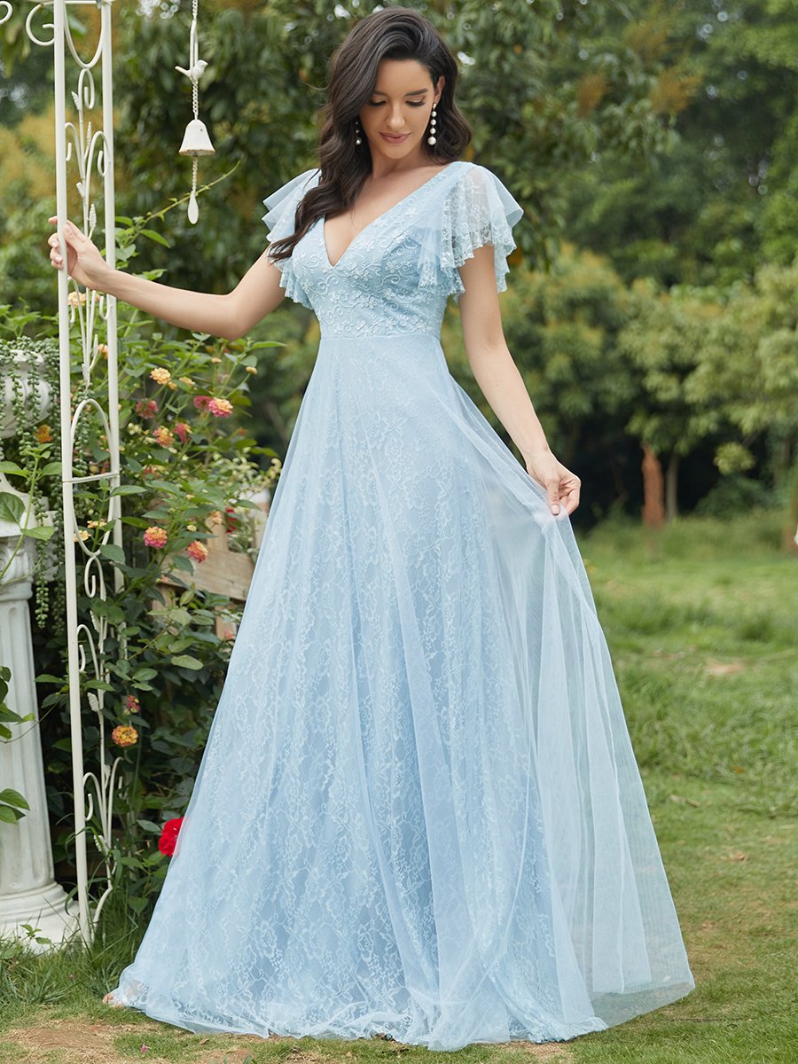 Color=Sky Blue | Double V-Neck Floor Length Wholesale Dresses with Short Sleeve-Sky Blue 3
