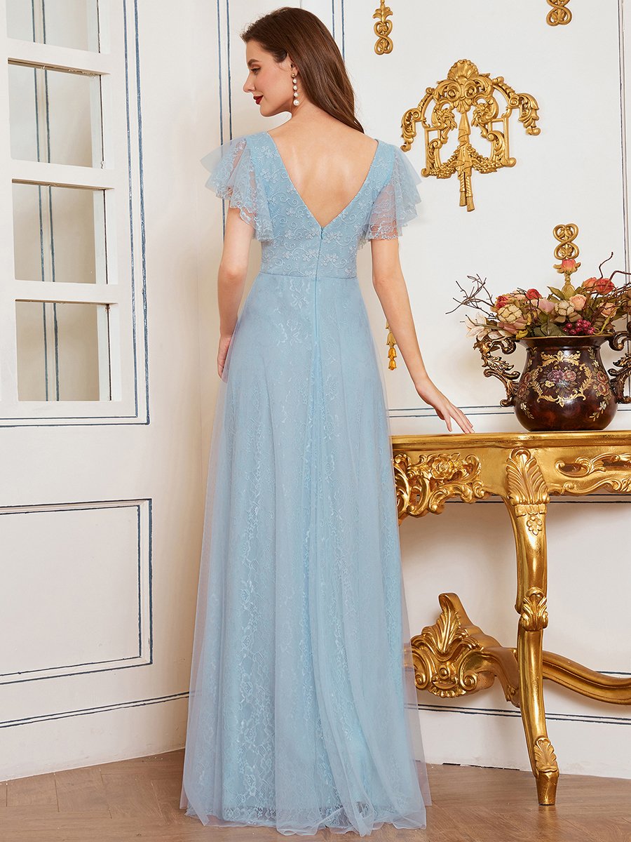 Color=Sky Blue | Double V-Neck Floor Length Wholesale Dresses with Short Sleeve-Sky Blue 6