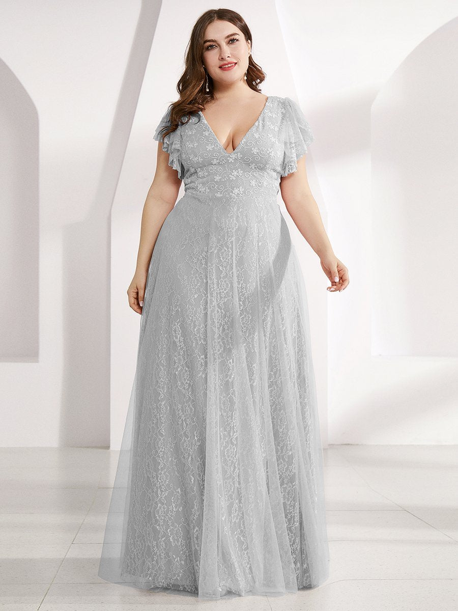 Color=Grey | Plus Size Double V Neck Lace Evening Dresses with Ruffle Sleeves-Grey 3