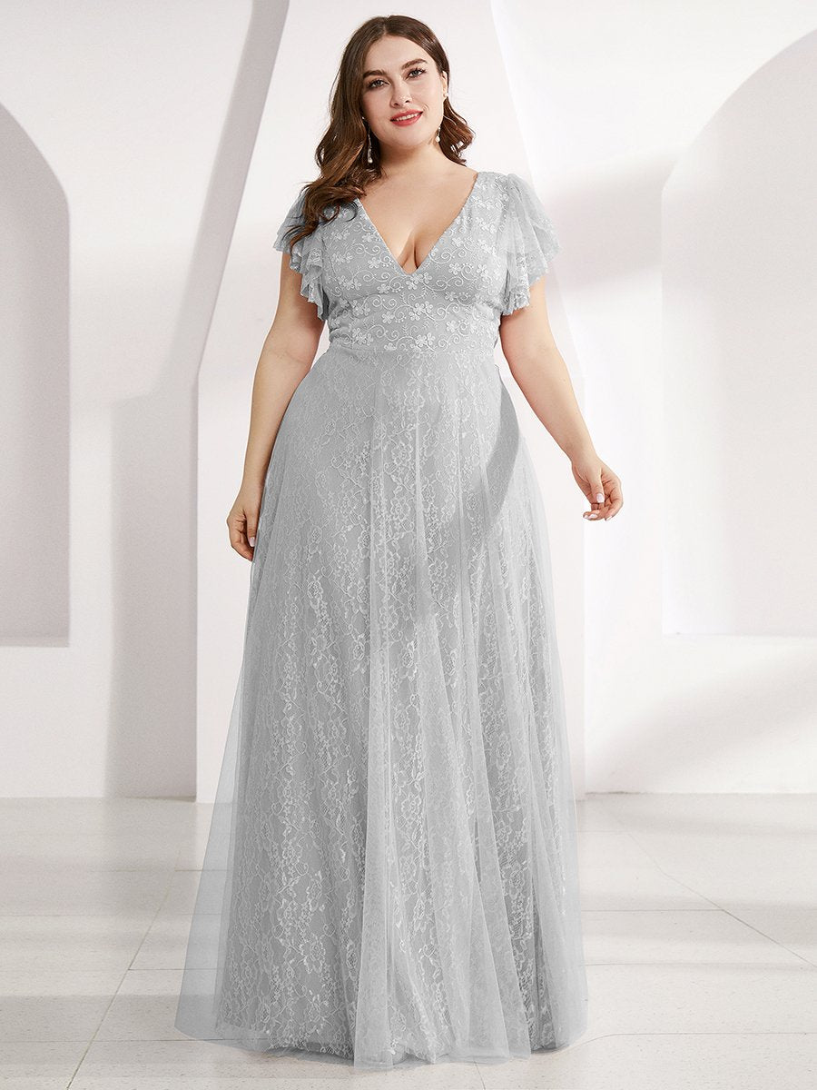 Color=Grey | Double V-Neck Floor Length Wholesale Dresses with Short Sleeve-Grey 7