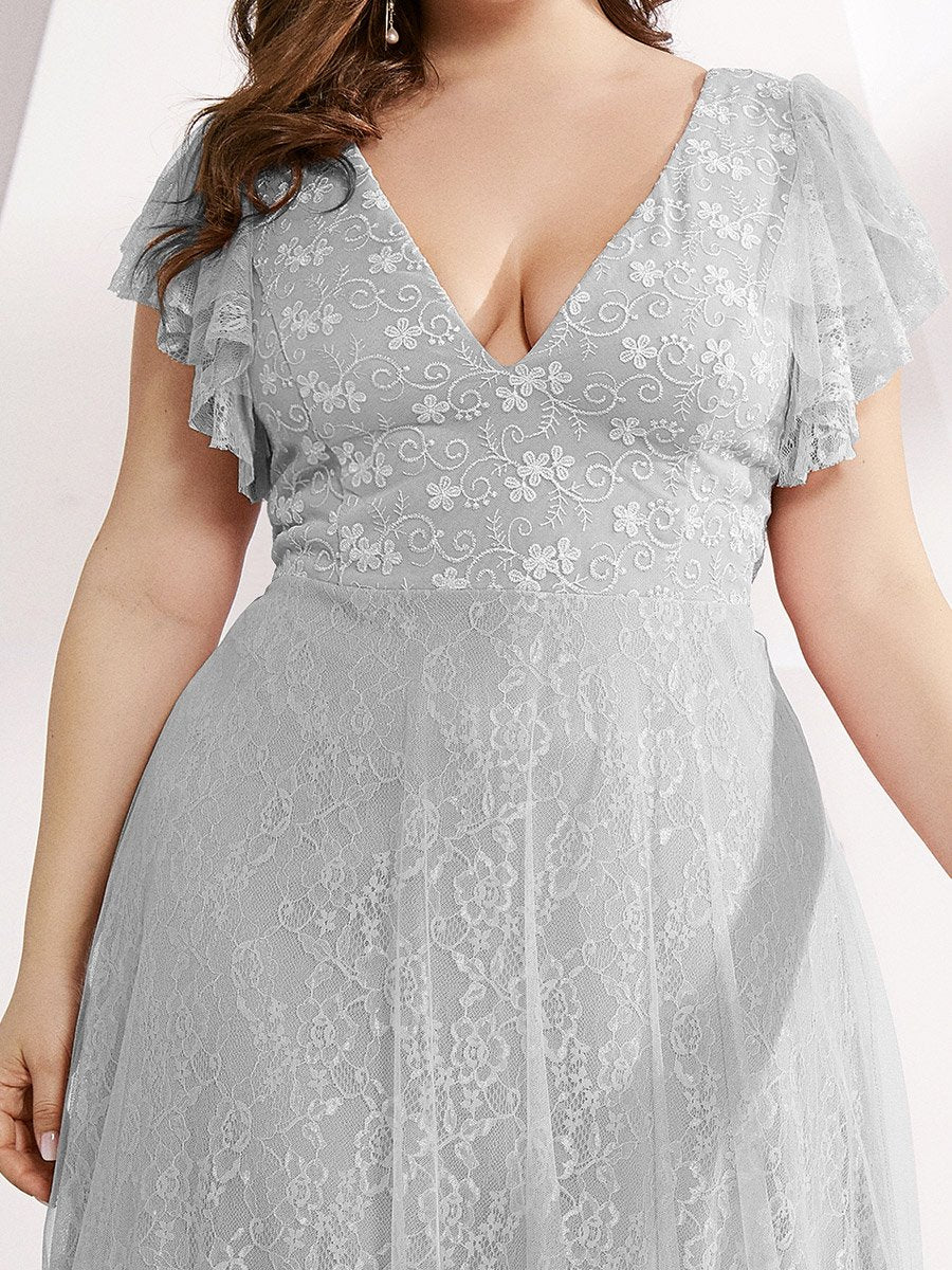 Color=Grey | Plus Size Double V Neck Lace Evening Dresses with Ruffle Sleeves-Grey 5