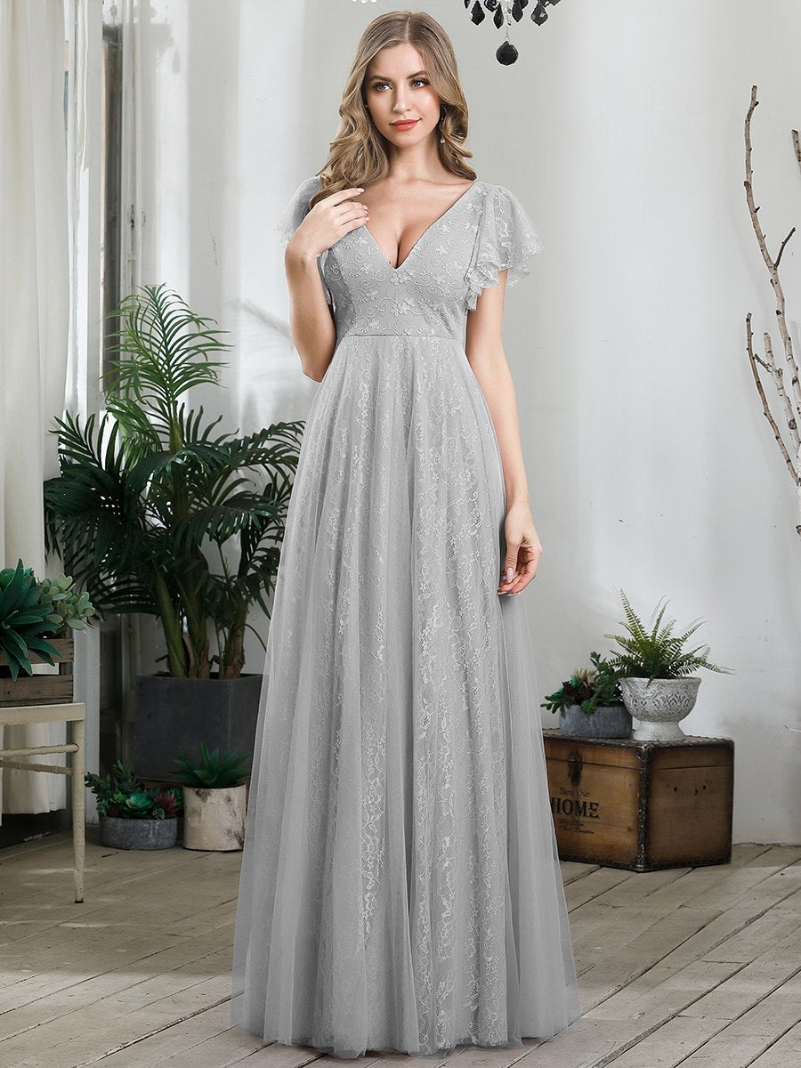 Color=Grey | Double V-Neck Floor Length Wholesale Dresses with Short Sleeve-Grey 4