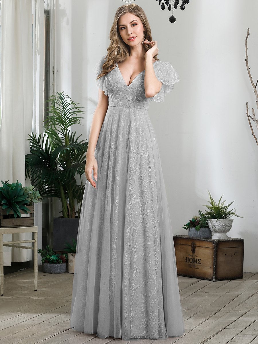 Color=Grey | Double V-Neck Floor Length Wholesale Dresses with Short Sleeve-Grey 1