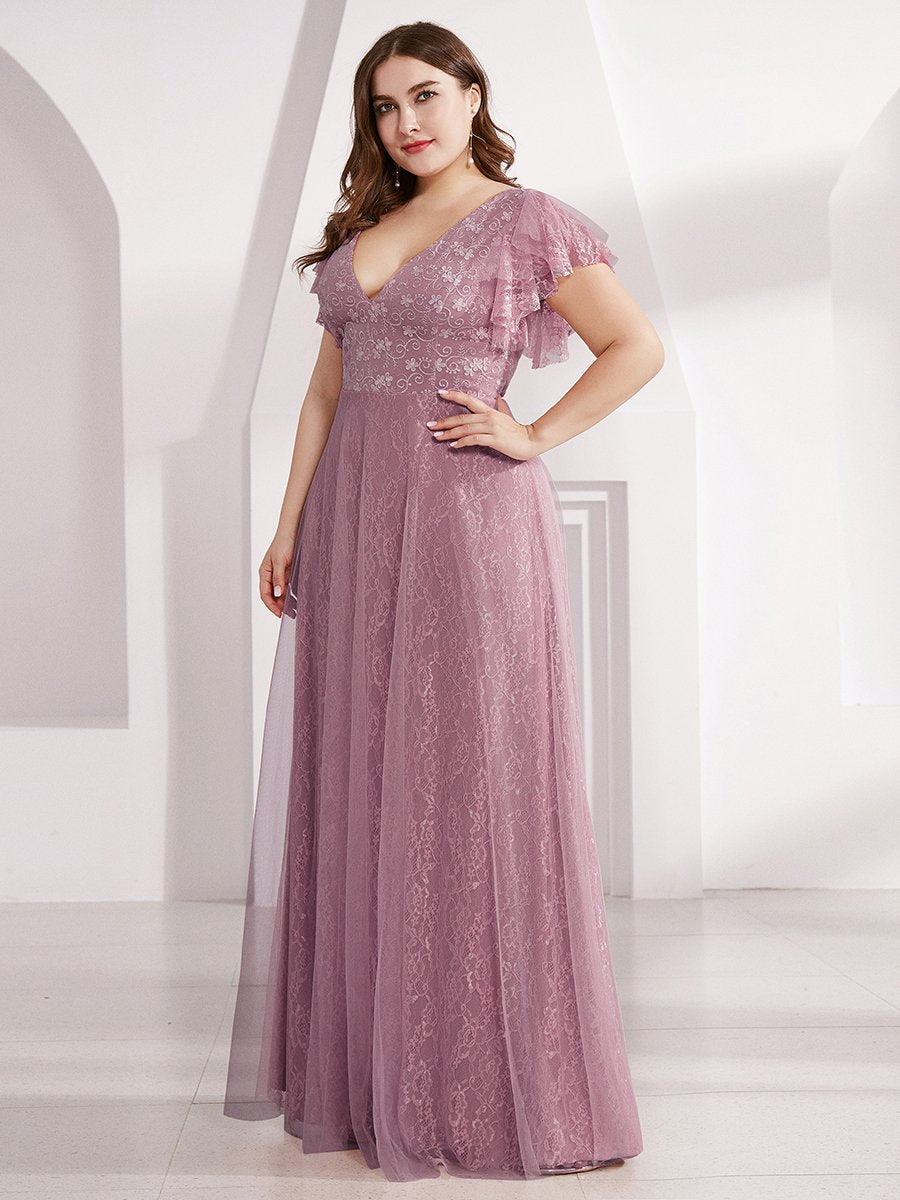 Color=Orchid | Plus Size Double V Neck Lace Evening Dresses with Ruffle Sleeves-Orchid 3