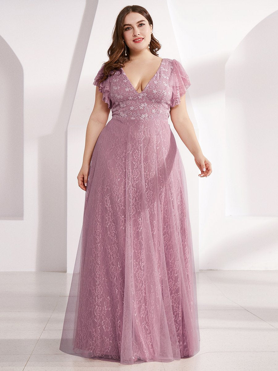Color=Orchid | Plus Size Double V Neck Lace Evening Dresses with Ruffle Sleeves-Orchid 1