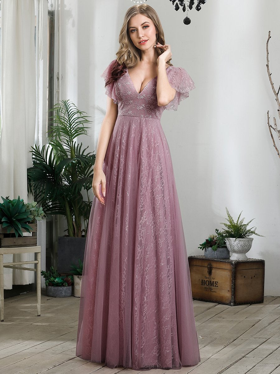 Color=Orchid | Double V-Neck Floor Length Wholesale Dresses with Short Sleeve-Orchid 4