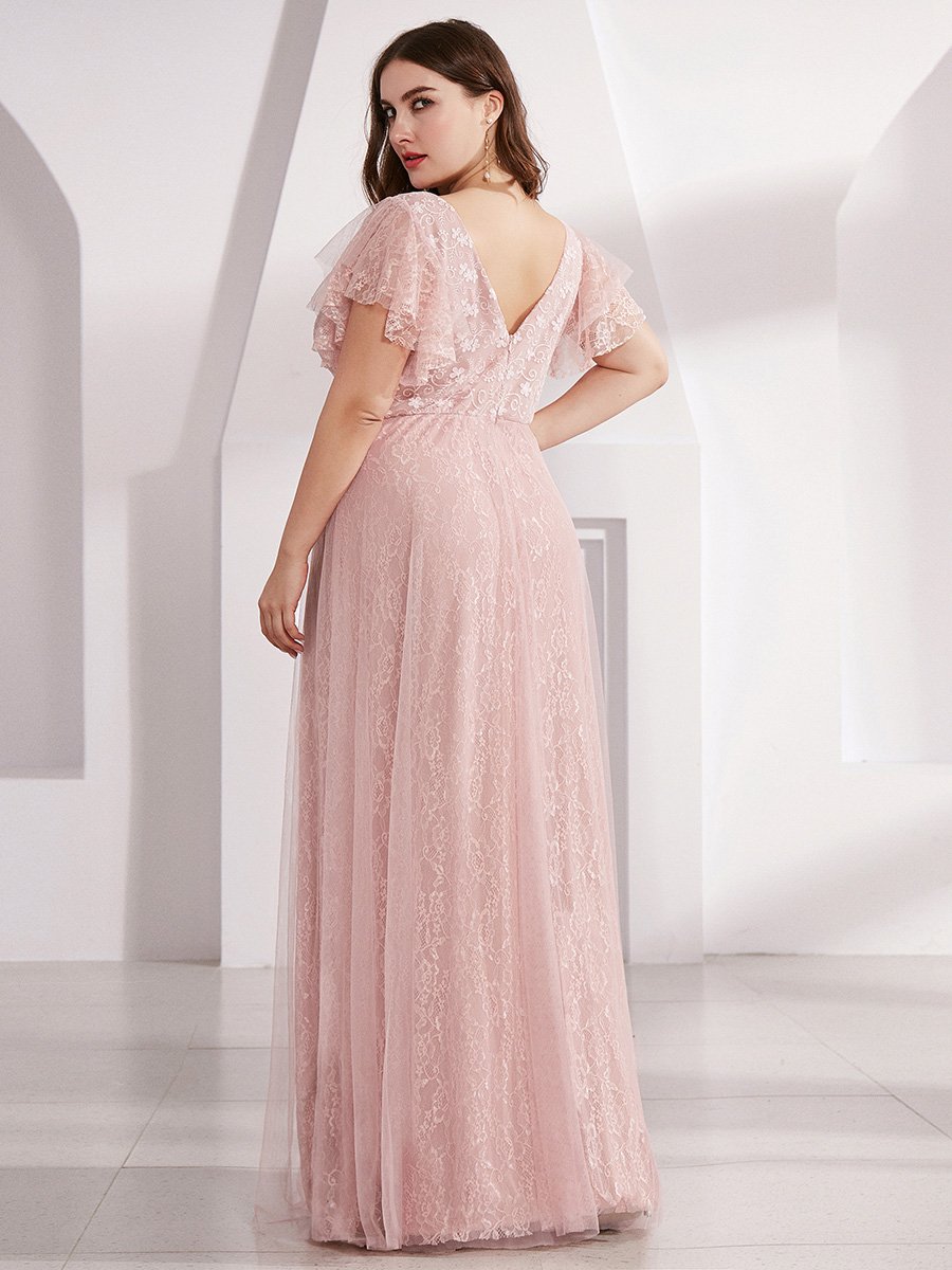 Color=Pink | Plus Size Double V Neck Lace Evening Dresses with Ruffle Sleeves-Pink 2