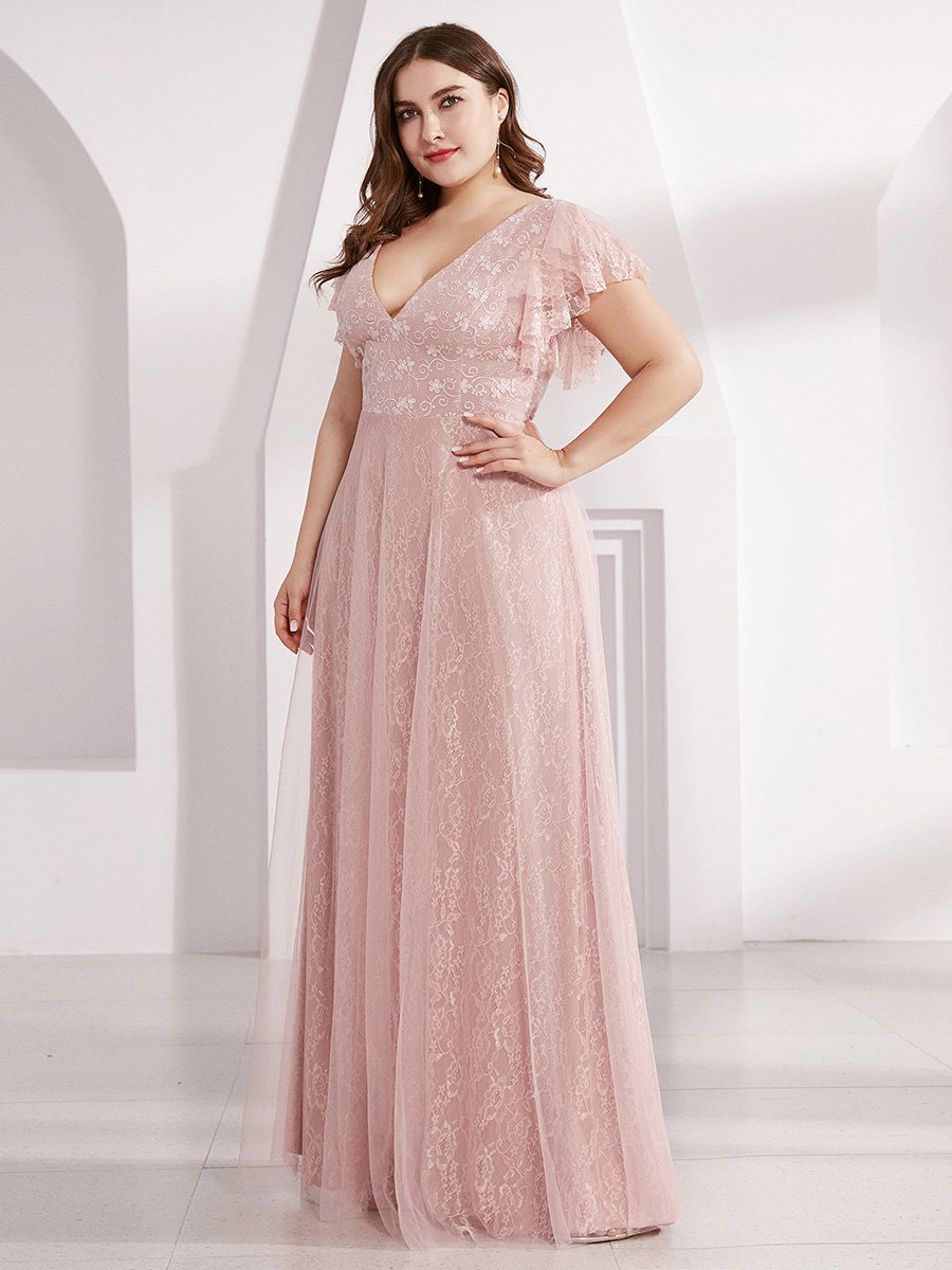 Color=Pink | Plus Size Double V Neck Lace Evening Dresses with Ruffle Sleeves-Pink 3
