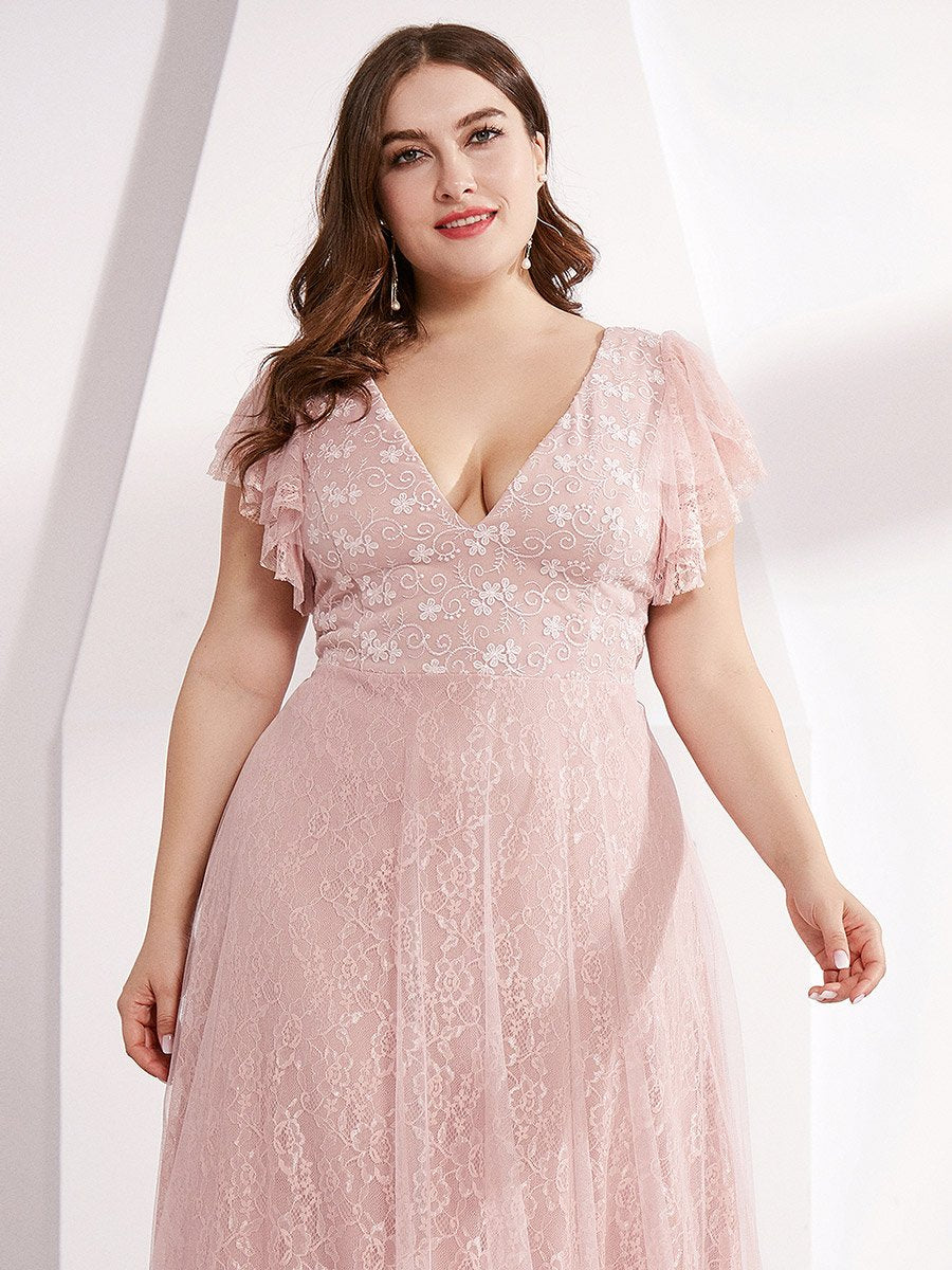 Color=Pink | Plus Size Double V Neck Lace Evening Dresses with Ruffle Sleeves-Pink 5