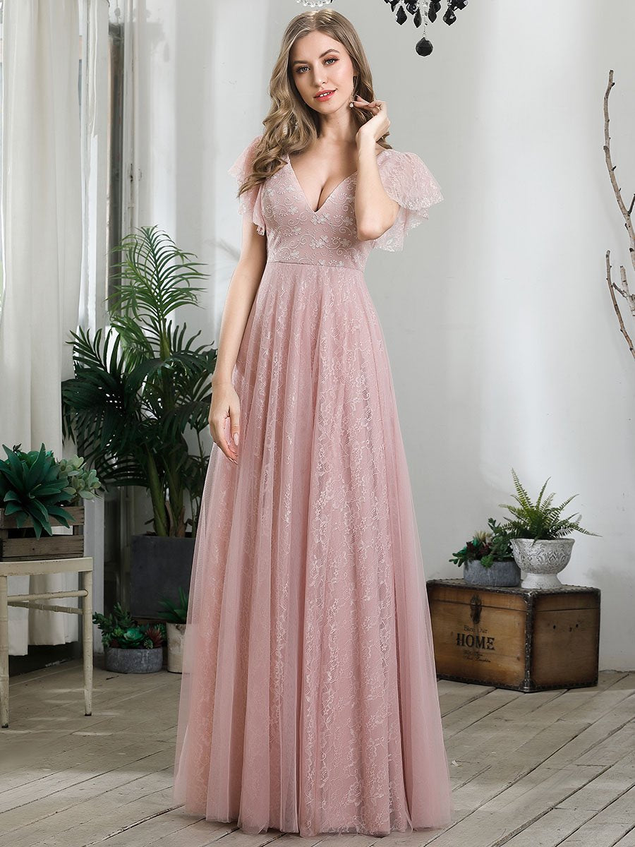 Color=Pink | Double V-Neck Floor Length Wholesale Dresses with Short Sleeve-Pink 3