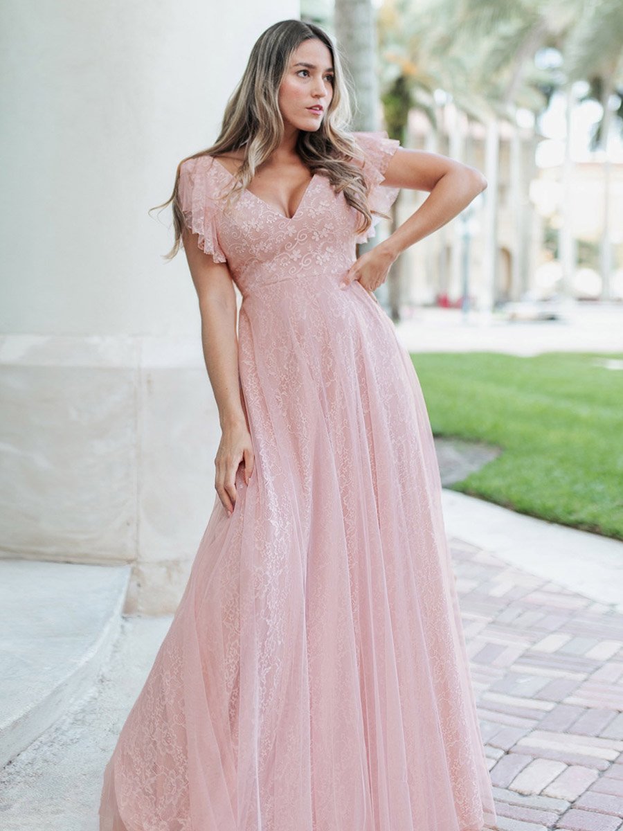 Color=Pink | Double V-Neck Floor Length Wholesale Dresses with Short Sleeve-Pink 8
