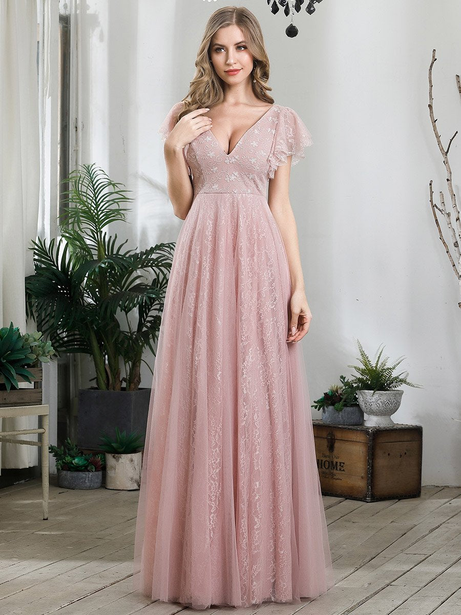 Color=Pink | Double V-Neck Floor Length Wholesale Dresses with Short Sleeve-Pink 1