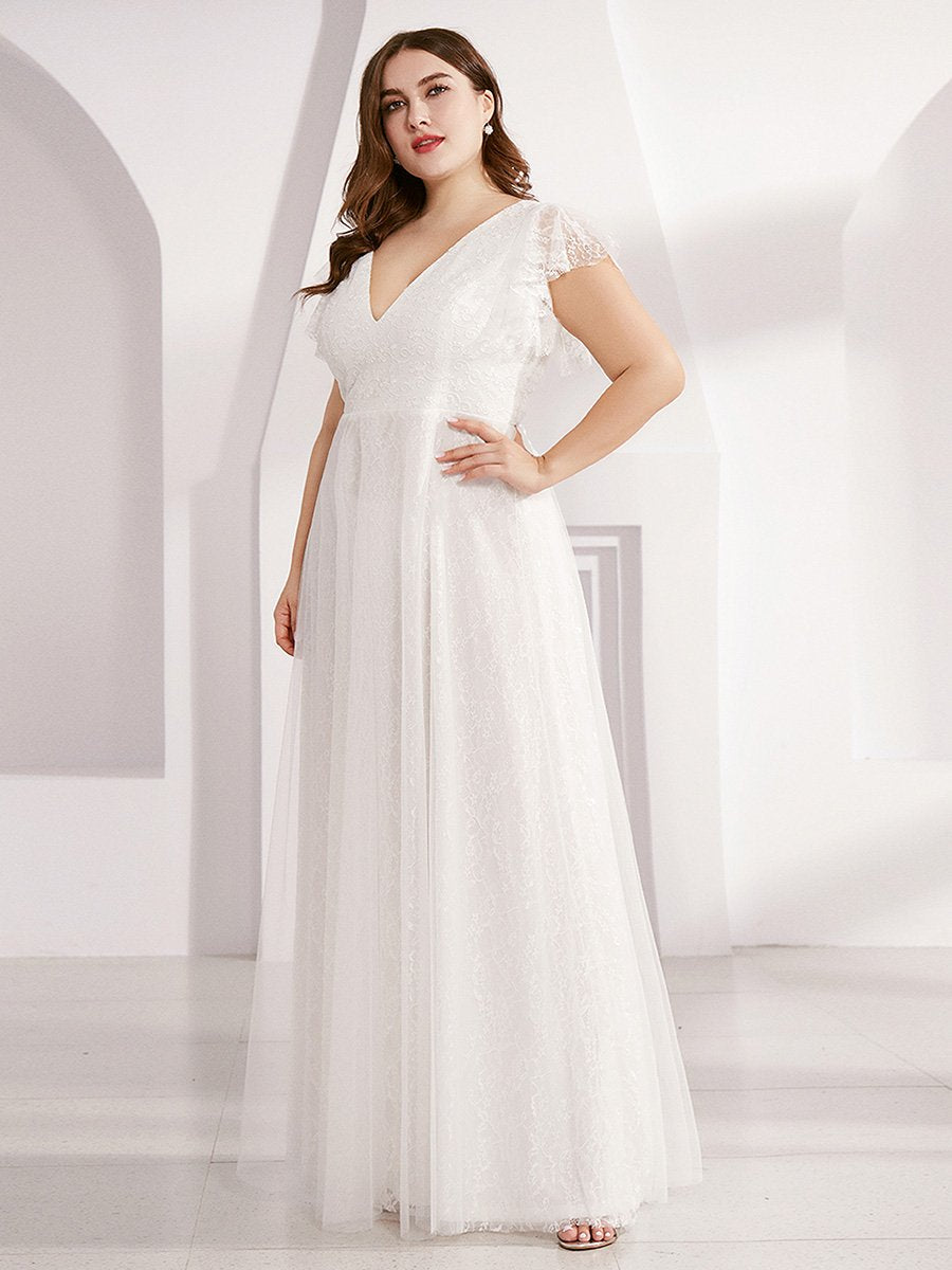 Color=White | Plus Size Double V Neck Lace Evening Dresses with Ruffle Sleeves-White 3