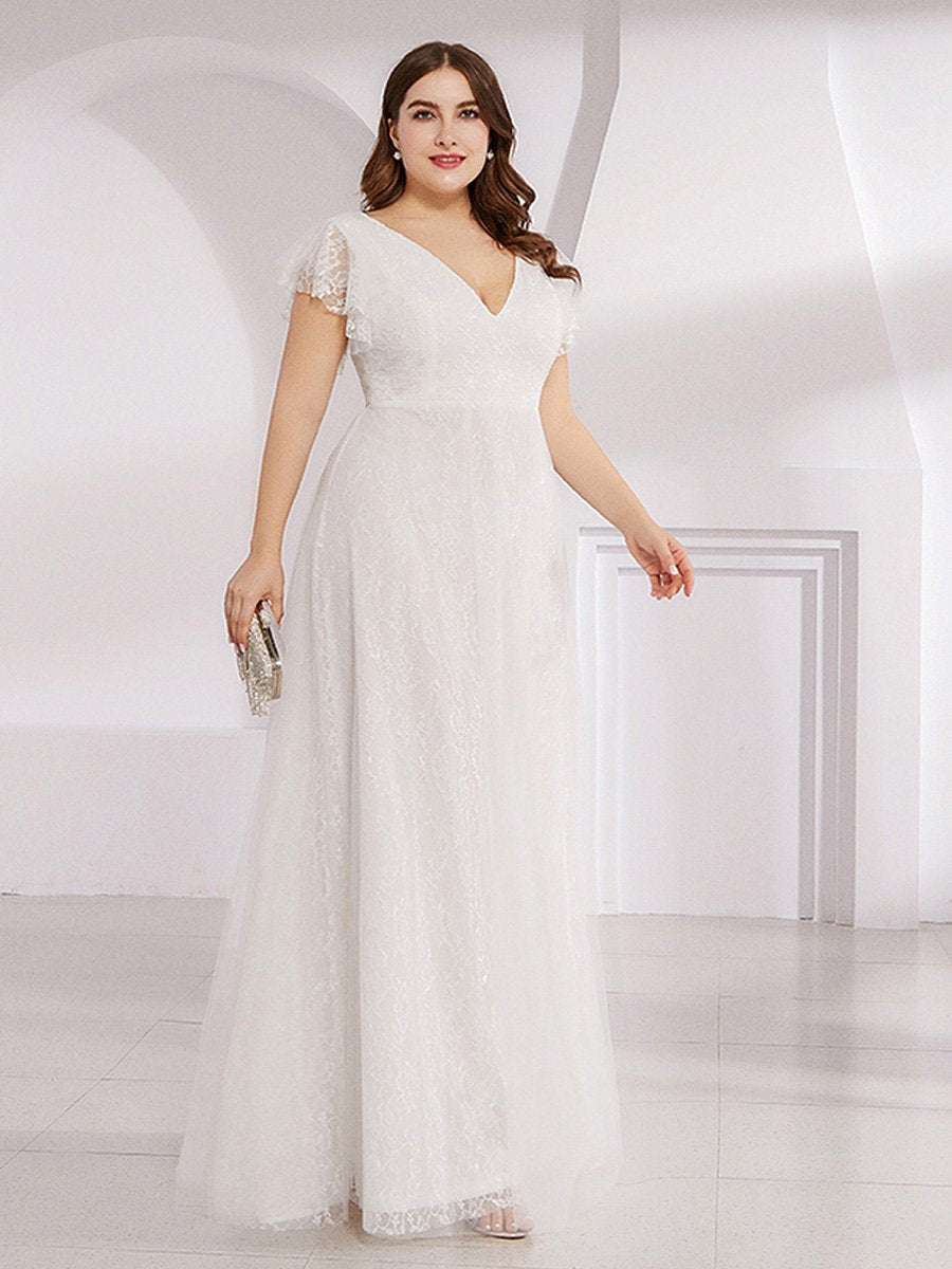 Color=White | Plus Size Double V Neck Lace Evening Dresses with Ruffle Sleeves-White 4