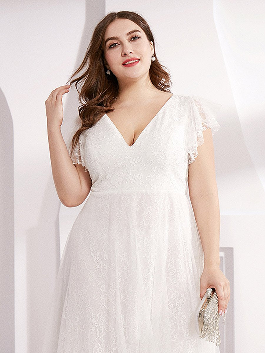 Color=White | Plus Size Double V Neck Lace Evening Dresses with Ruffle Sleeves-White 5