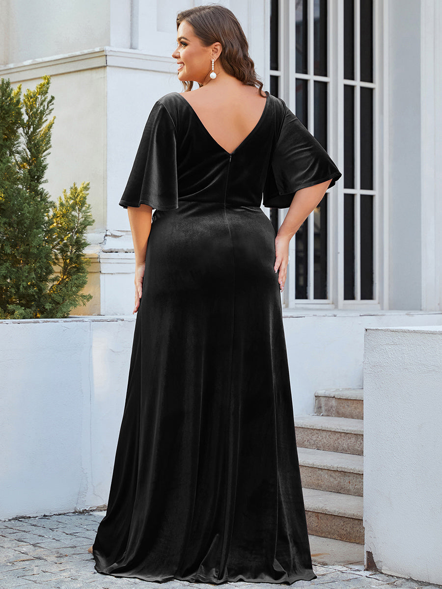 Color=Black | Elegant Double V Neck Velvet Party Dress-Black 2