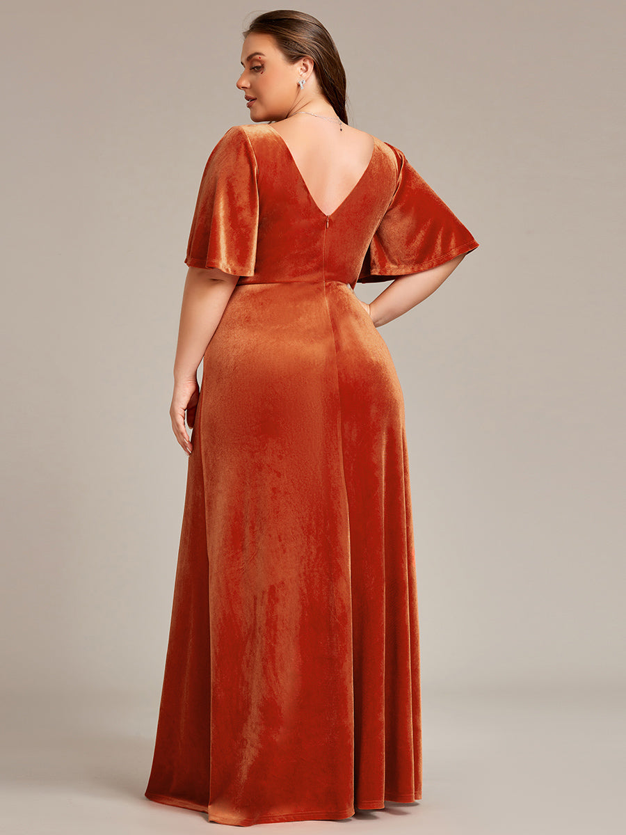 Color=Burnt Orange | Elegant Double V Neck Velvet Party Dress-Burnt Orange 4