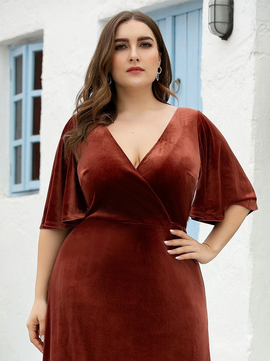 Color=Brick Red | Vintage Plus Size Floor Length Velvet Evening Dresses-Brick Red 5