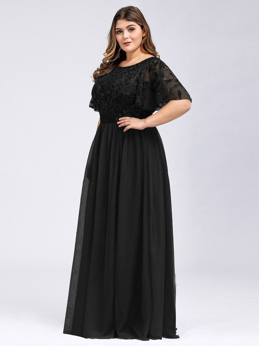 Color=Black | Sequin Print Plus Size Wholesale Evening Dresses With Cap Sleeve-Black 3