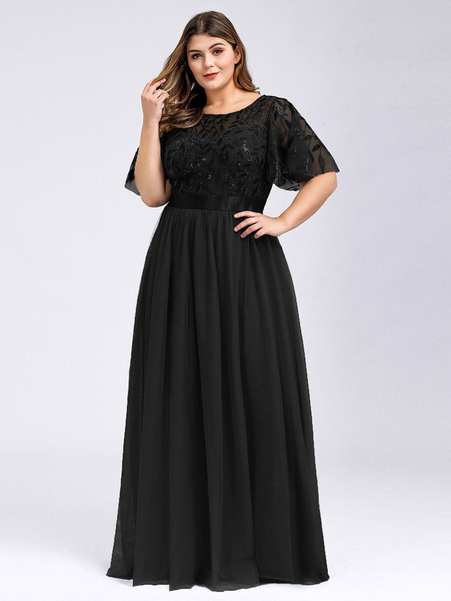 Color=Black | Sequin Print Plus Size Wholesale Evening Dresses With Cap Sleeve-Black 1