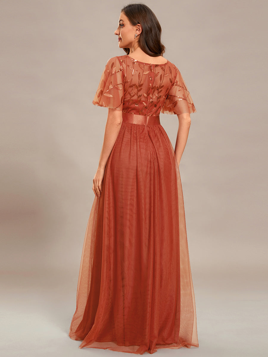 Color=Burnt Orange | Sequin Print Maxi Long Wholesale Evening Dresses with Cap Sleeve-Burnt Orange 2