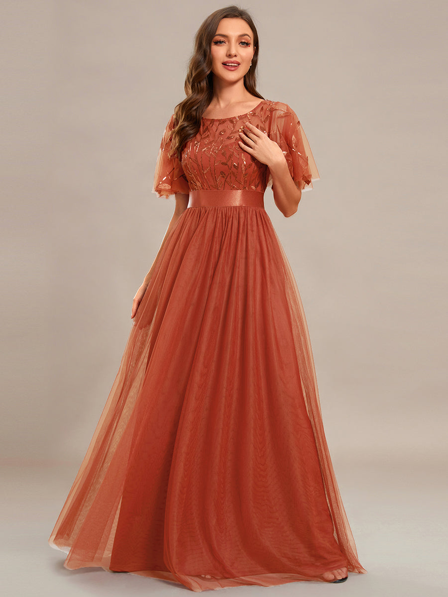 Color=Burnt Orange | Sequin Print Maxi Long Wholesale Evening Dresses with Cap Sleeve-Burnt Orange 3