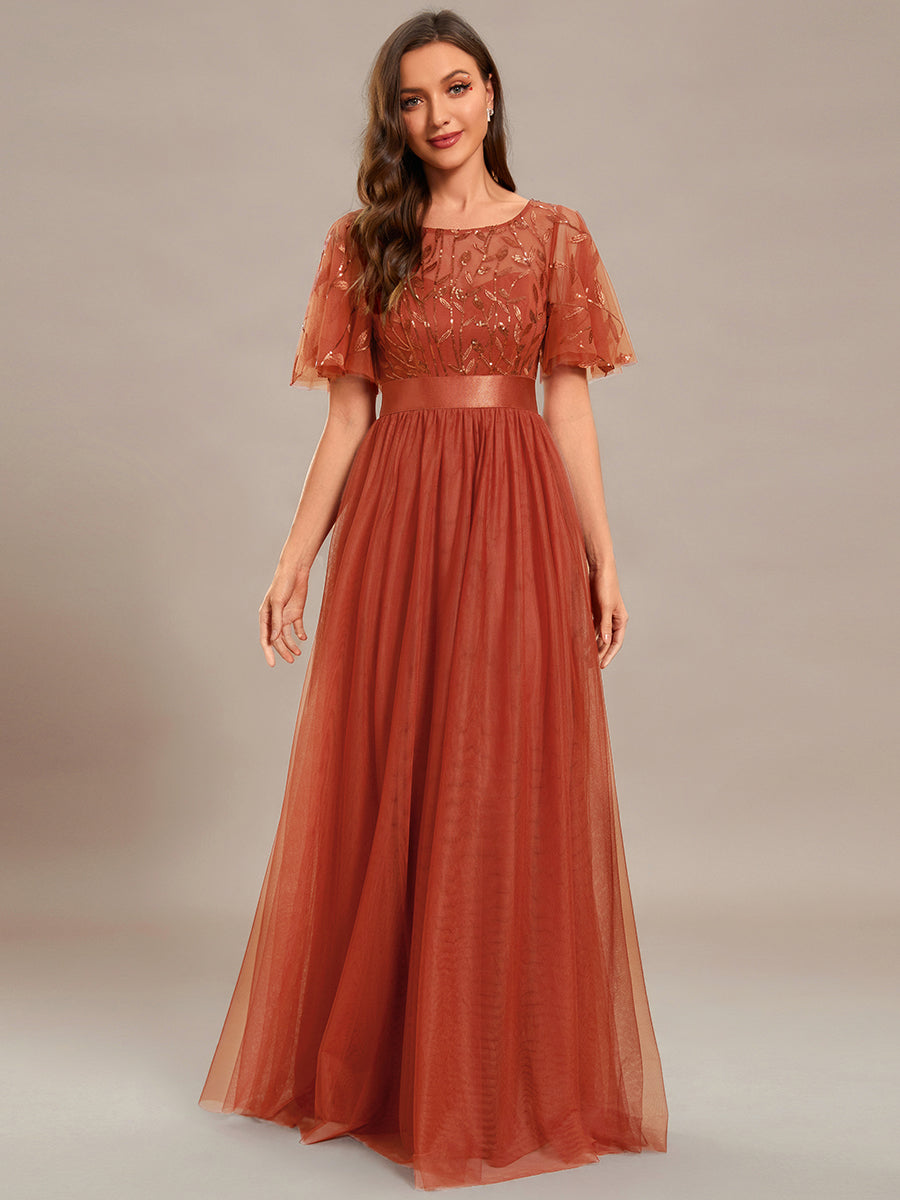 Color=Burnt Orange | Sequin Print Maxi Long Wholesale Evening Dresses with Cap Sleeve-Burnt Orange 1