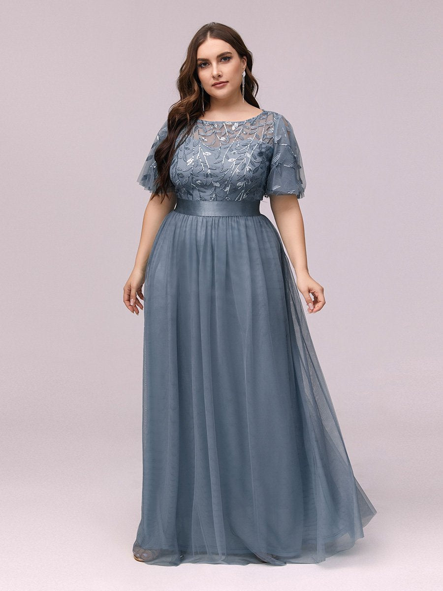 Color=Dusty Navy | Sequin Print Plus Size Wholesale Evening Dresses With Cap Sleeve-Dusty Navy 3